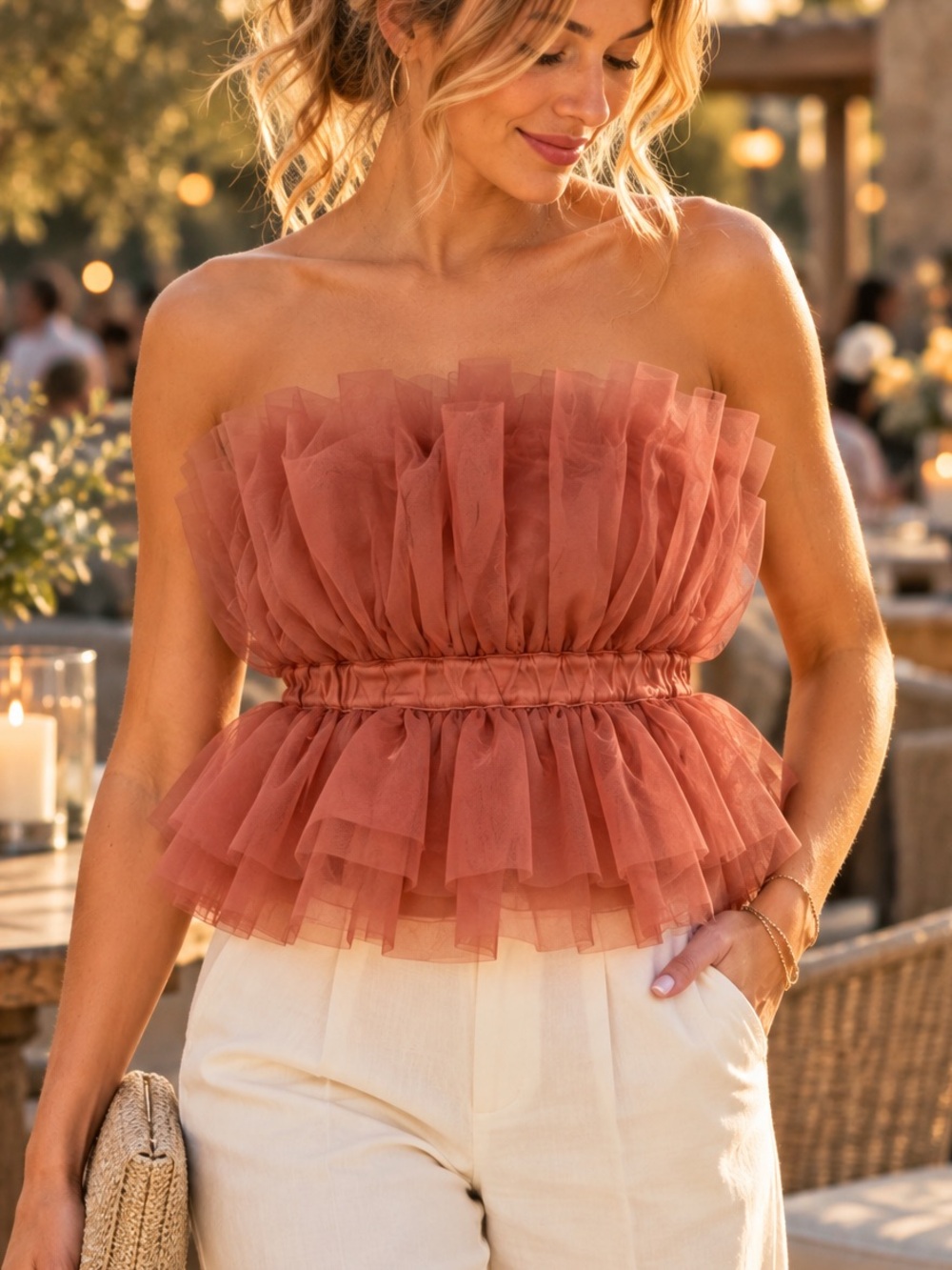 Mable M Tulle Organza Strapless Top Dusty Pink Fairy Feminine Coquette Anthro